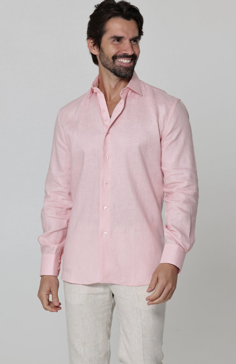 Bradford - Men's Fitted Pink Linen Long Sleeve Shirt w/ Natural Verona Pants