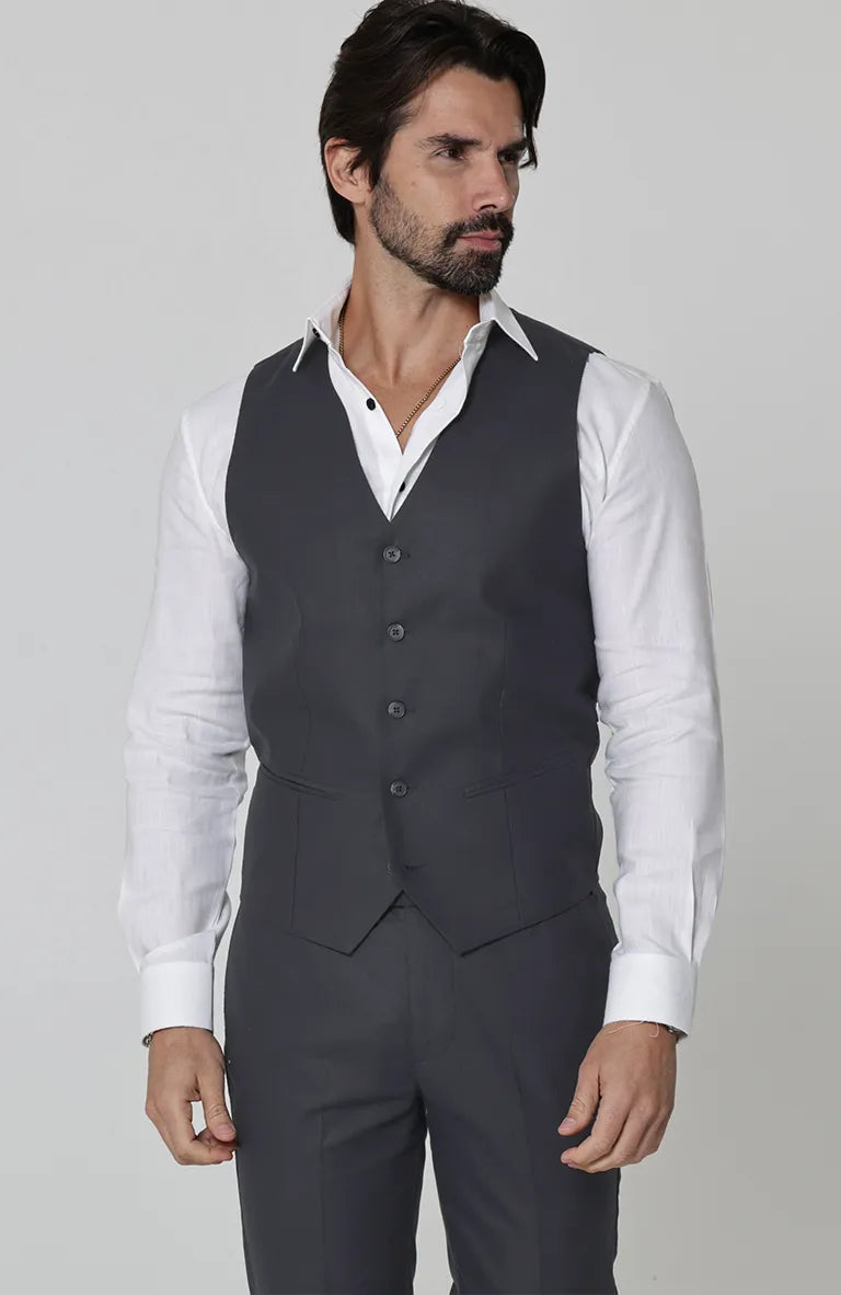 Monaco Vest in Charcoal, Charcoal Verona Pants, Bradford Linen Groom Shirt