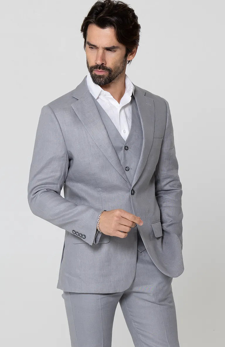 Steel Gray Monte Carlo Linen Suit Jacket, w/Steel Gray Verona Pants and White/Gray Mauritius Shirt.