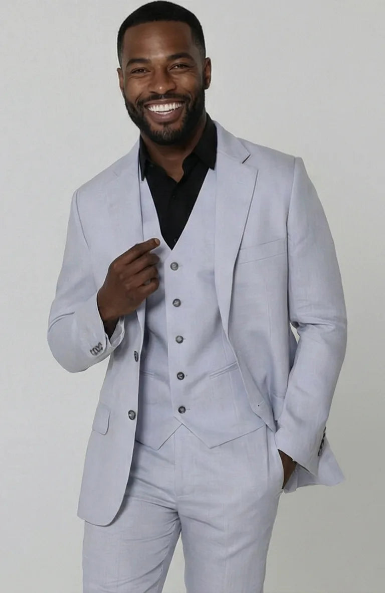 Silver Blue Monte Carlo Linen Blazer w/ Matching Verona Linen Pants and Black Beckford Shirt