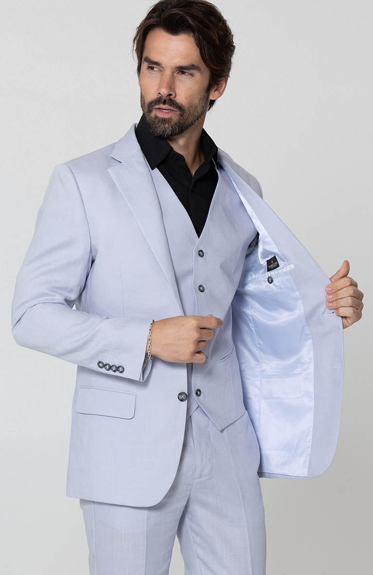 Silver Blue Monte Carlo Linen Blazer w/ Matching Verona Linen Pants and Black Beckford Shirt