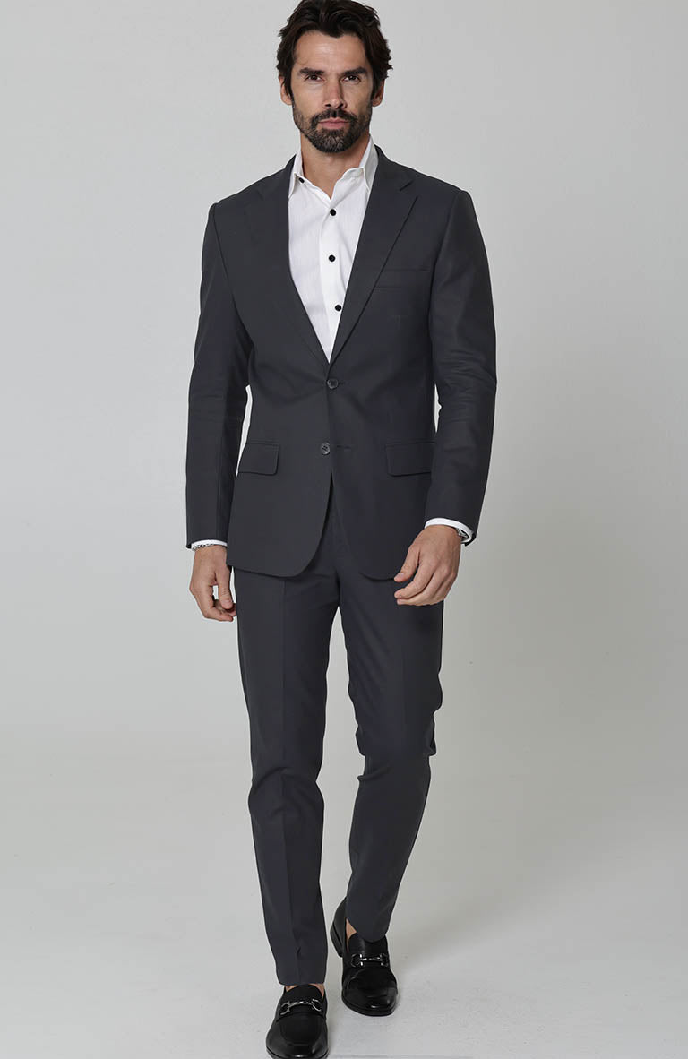 Charcoal Monte Carlo Linen Suit Jacket, w/ Charcoal Verona Pants and White Beckford Linen Groom Shirt