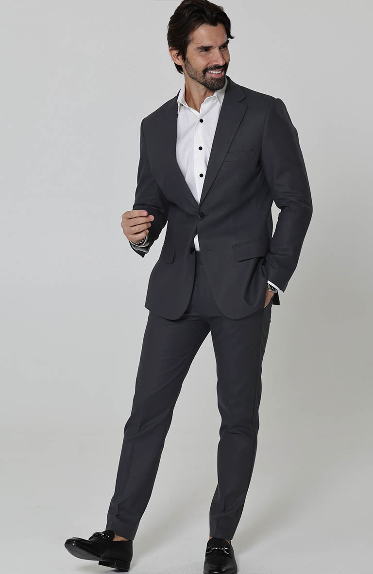 Charcoal Monte Carlo Linen Suit Jacket, w/ Charcoal Verona Pants and White Beckford Linen Groom Shirt