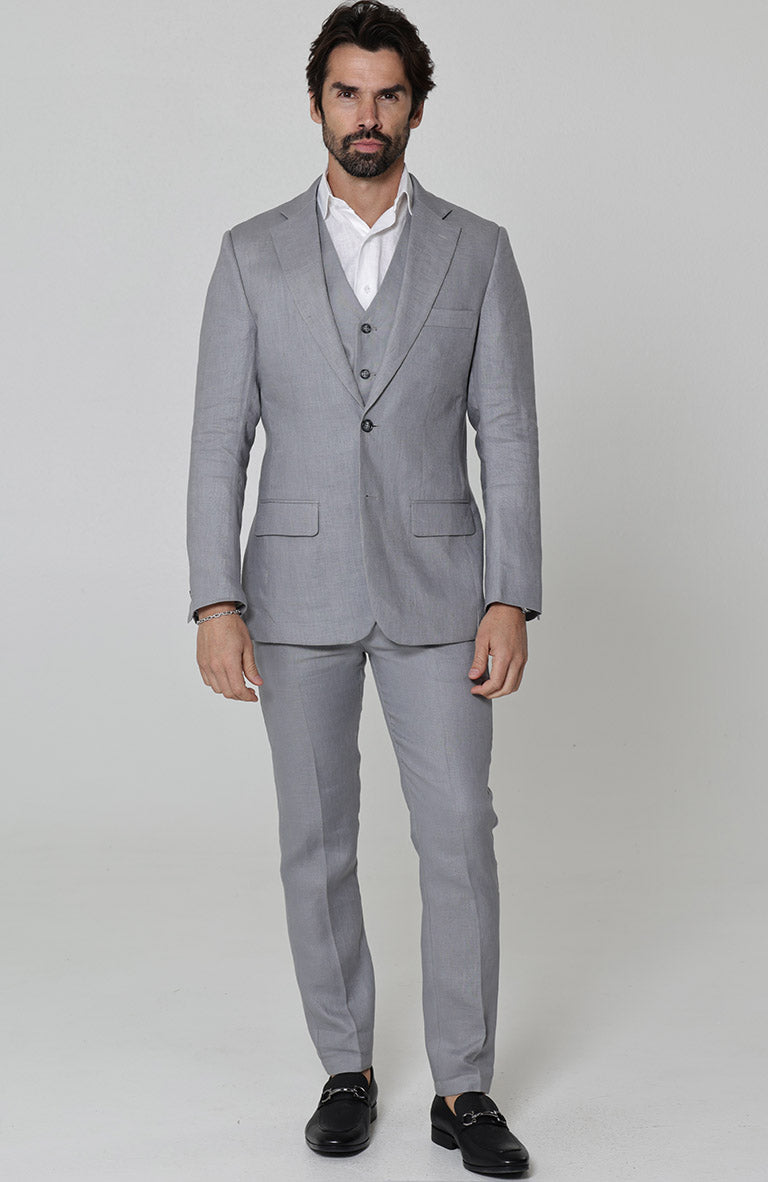 Steel Gray Monte Carlo Linen Suit Jacket, w/Steel Gray Verona Pants and White/Gray Mauritius Shirt.