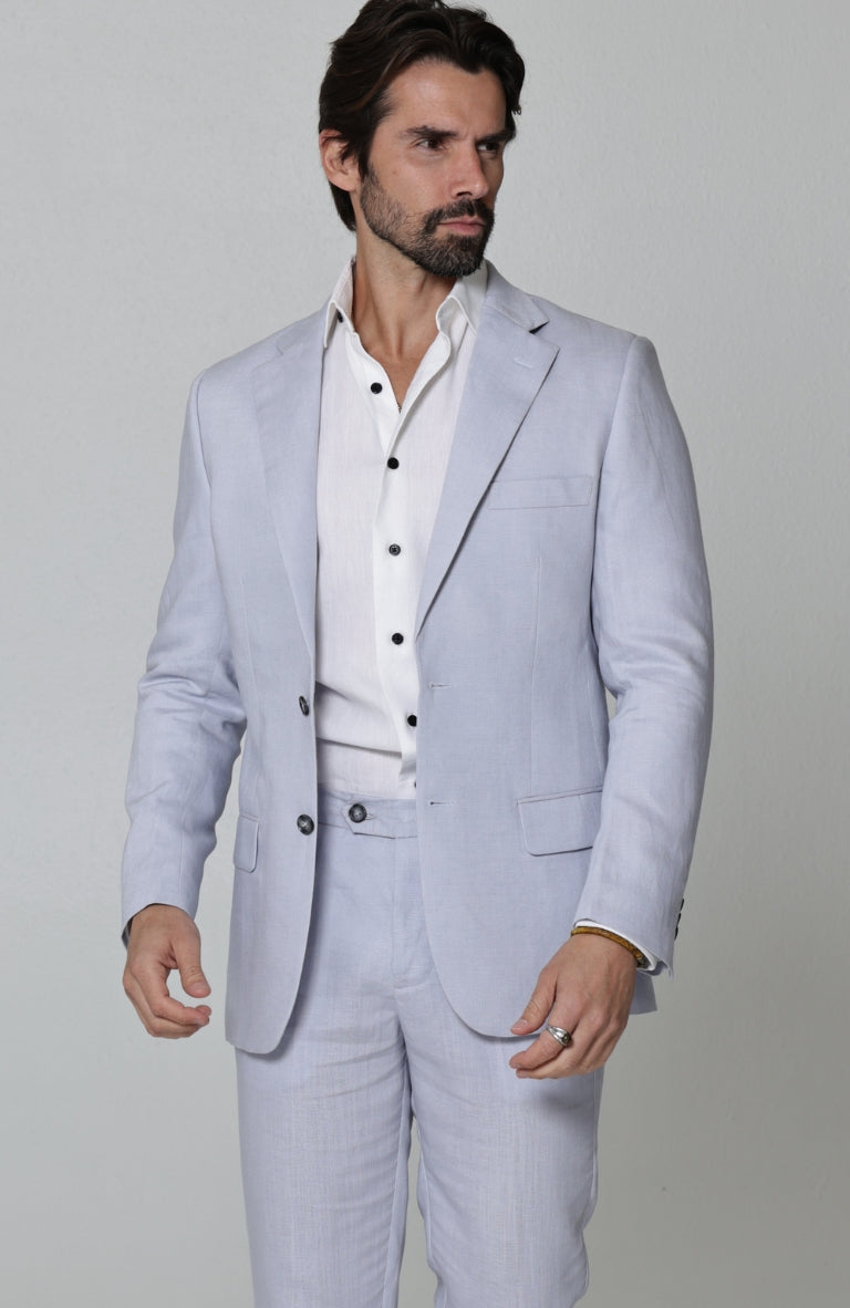 Monte Carlo Linen Suit Blazer in Blue Silver with Verona Italian Linen Pants in Blue Silver