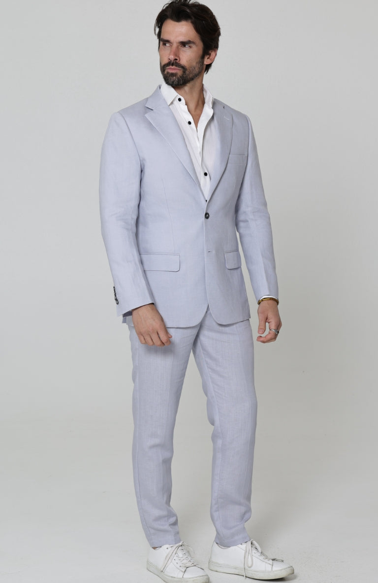 Monte Carlo Linen Suit Blazer in Blue Silver with Verona Italian Linen Pants in Blue Silver