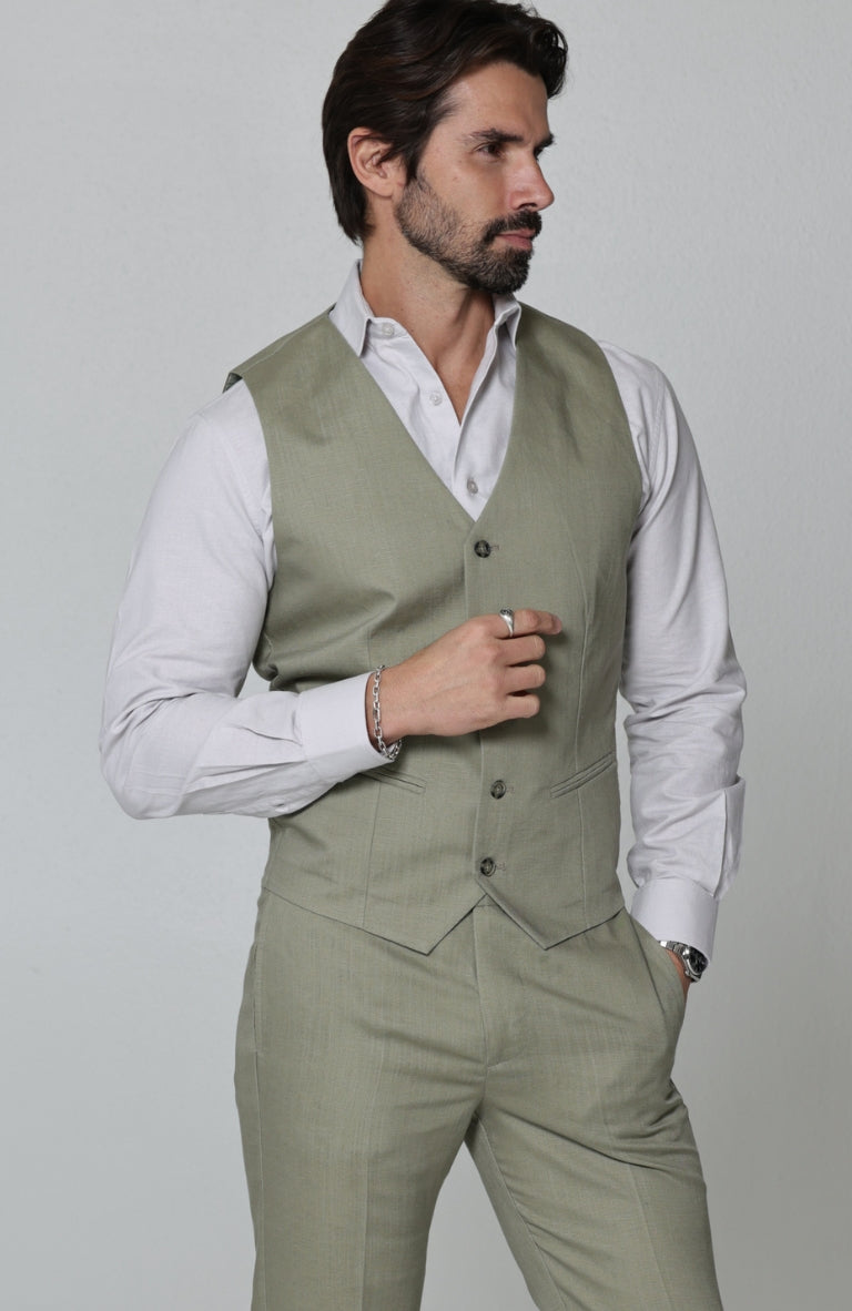 Monaco Men’s Linen Vest in Sage with Verona Italian Linen Pants in Sage