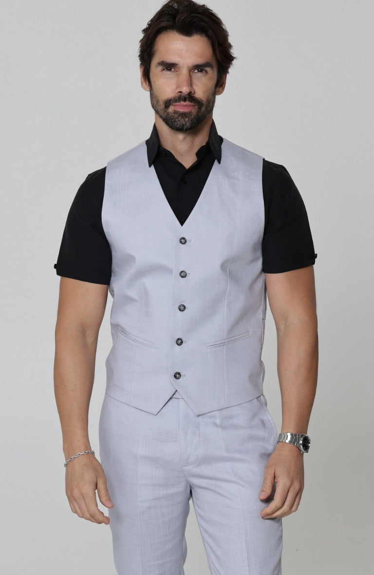 Monaco Men’s Luxury Linen Vest Blue Silver with Verona Italian Linen Pants in Blue Silver