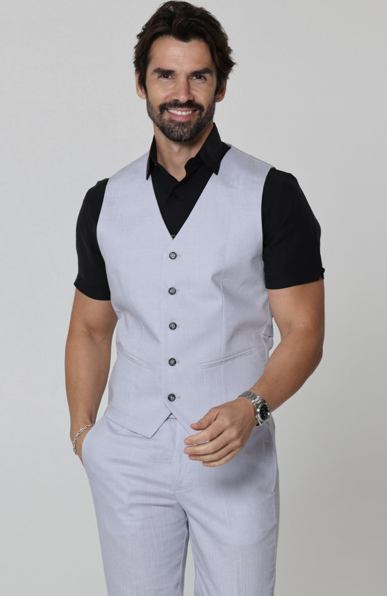 Monaco Men’s Luxury Linen Vest Blue Silver with Verona Italian Linen Pants in Blue Silver