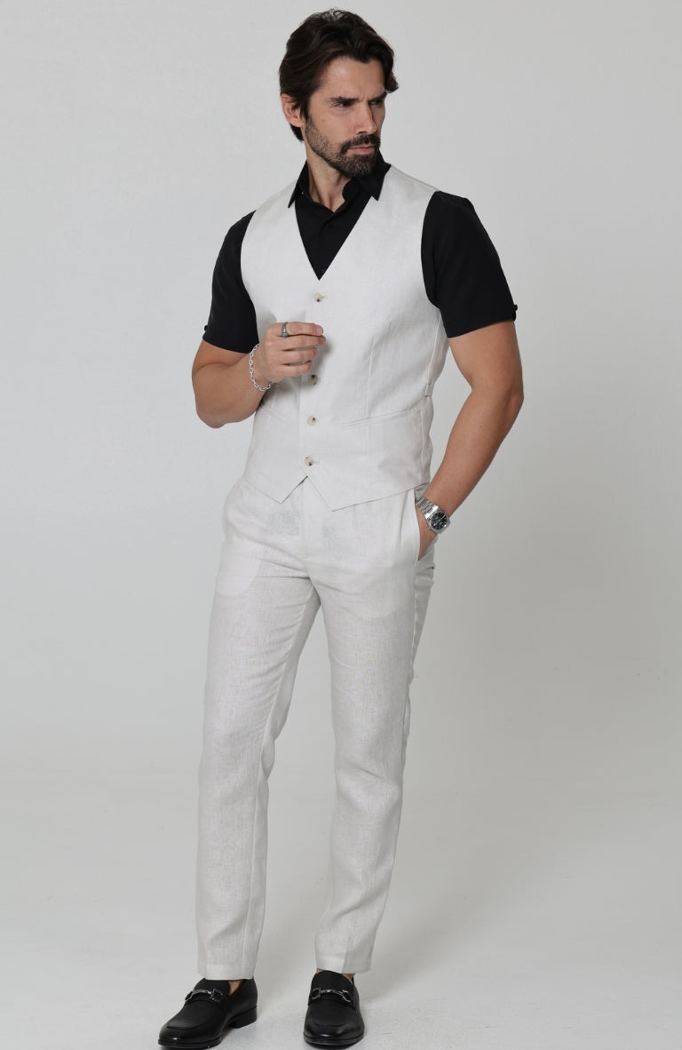 Monaco Italian Linen Vest in Light Sand, Bradford Italian Linen Shirt in Black with Verona Italian Linen Pants in Light Sand