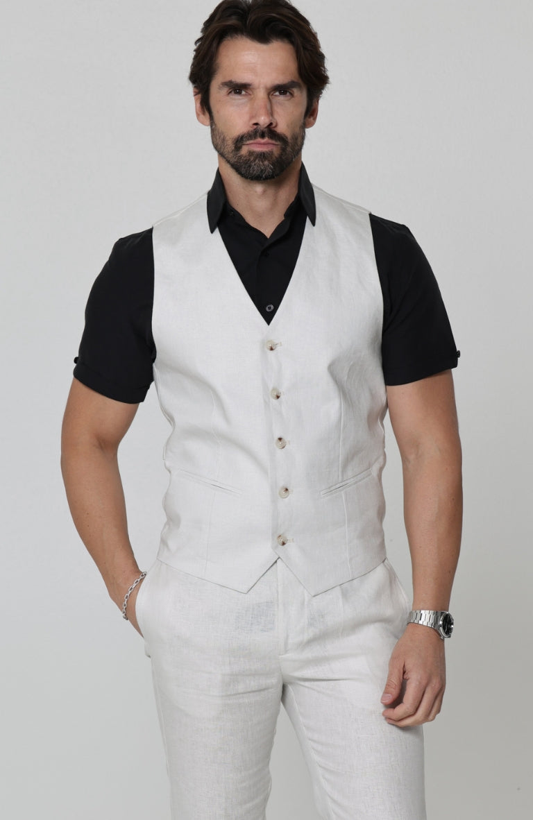 Monaco Italian Linen Vest in Light Sand, Bradford Italian Linen Shirt in Black with Verona Italian Linen Pants in Light Sand