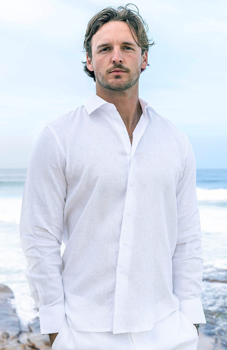 White Long Sleeve Bradford Italian Linen Beach Wedding Shirt Verona Pants