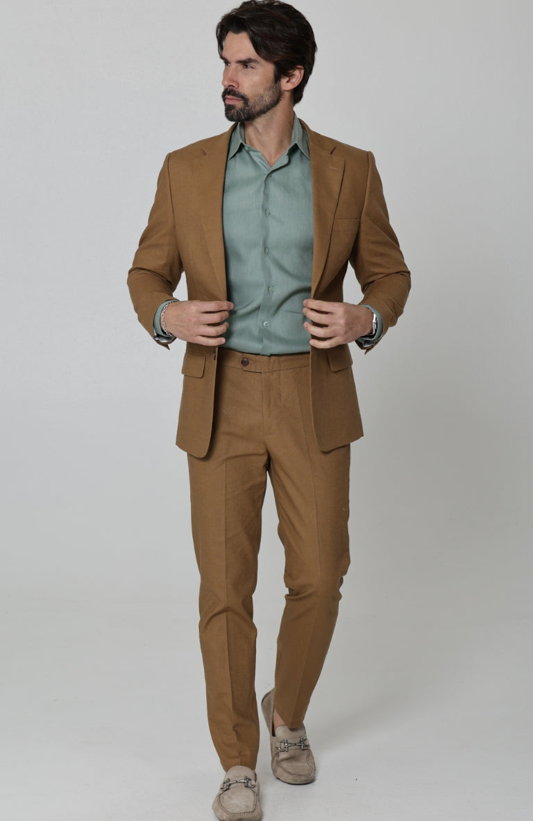 Monte Carlo Men's Linen Suit Jacket in Mocha with Hunter Green Beckford Shirt