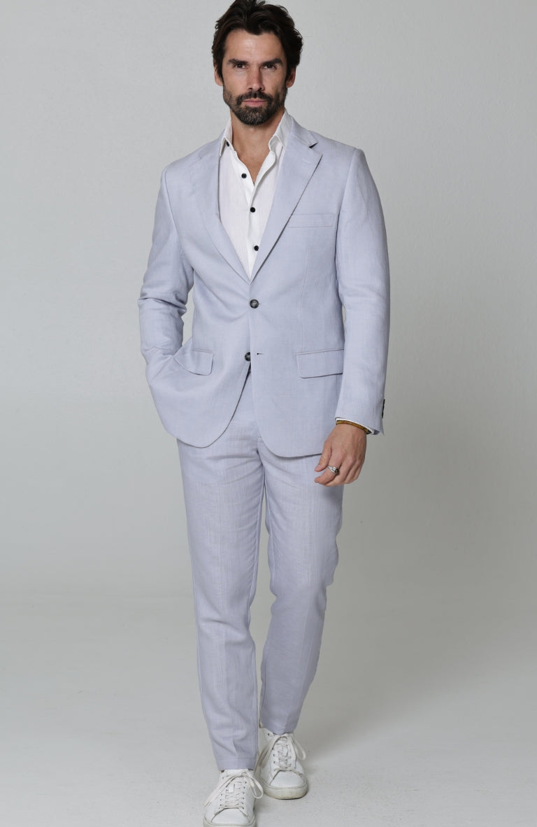 Monte Carlo Linen Suit Blazer in Blue Silver with Verona Italian Linen Pants in Blue Silver
