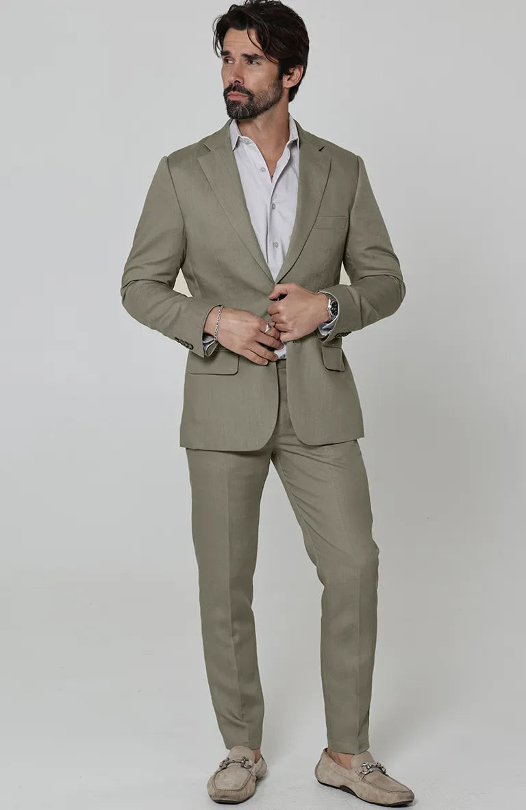 Monte Carlo in Olive with Olive Verona Pants Olive Monaco Vest, and Blue silver Beckford Shirt
