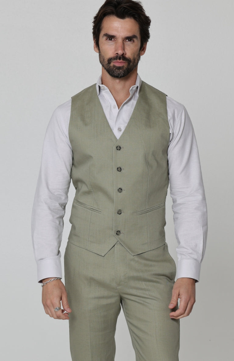 Monaco Men’s Linen Vest in Sage with Verona Italian Linen Pants in Sage