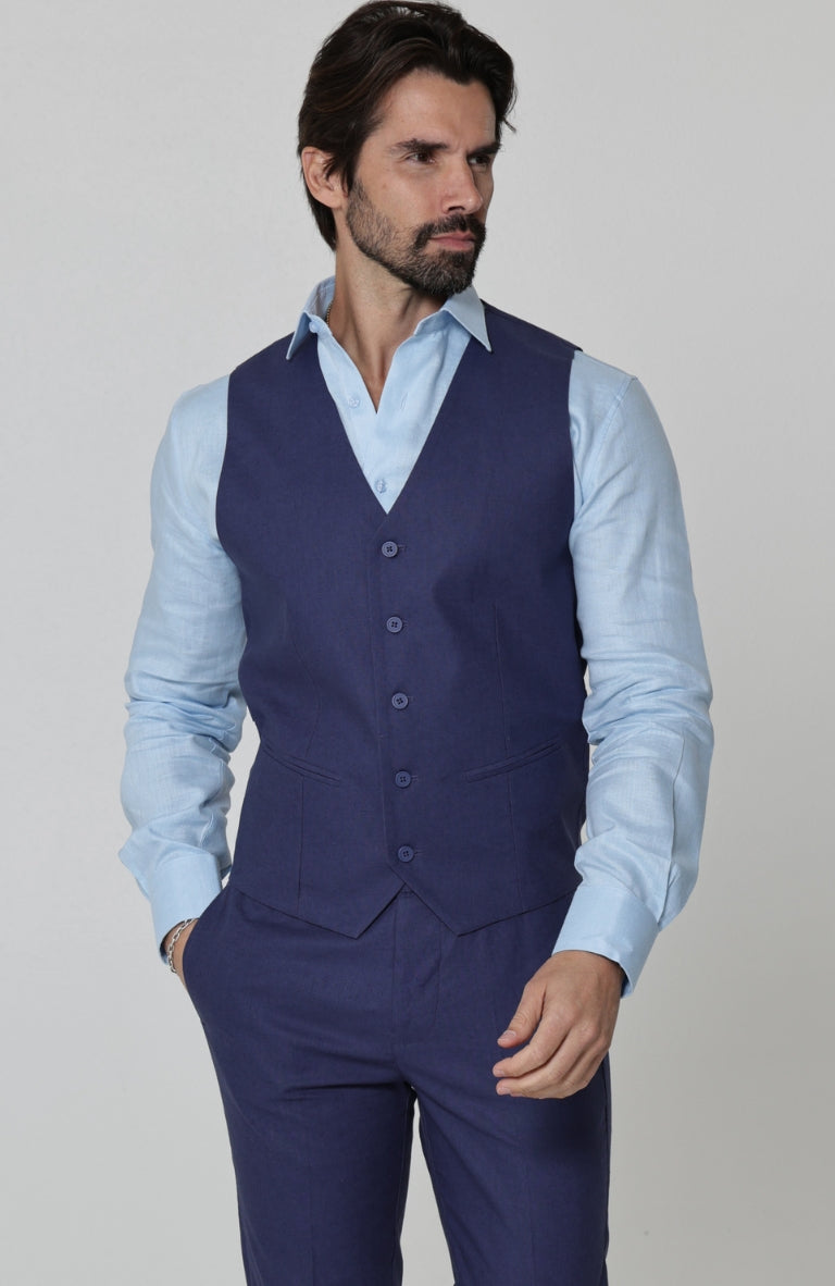 Monaco Men’s Linen Summer Vest Soft Navy with Verona Italian Linen Pants in Soft Navy and Ice Blue Bradford