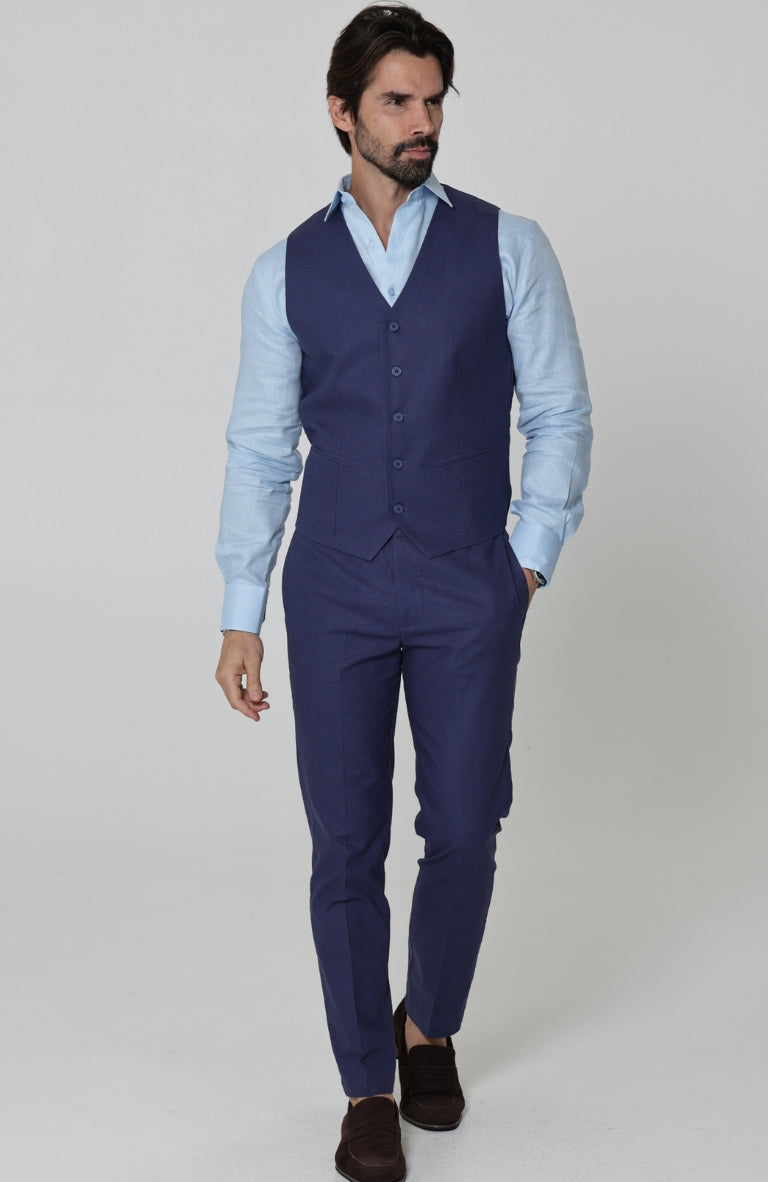 Monaco Men’s Linen Summer Vest Soft Navy with Verona Italian Linen Pants in Soft Navy