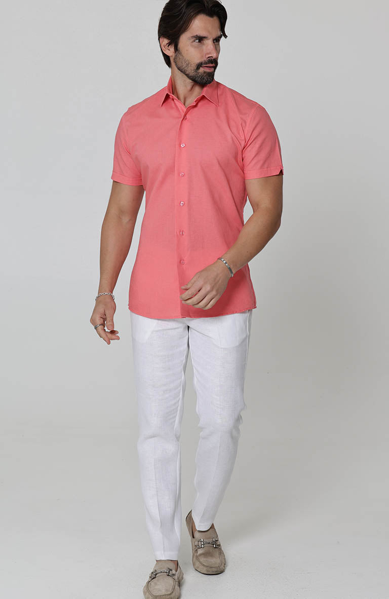 Beckford Men’s Short Sleeve Casual Linen Shirt in Salmon
