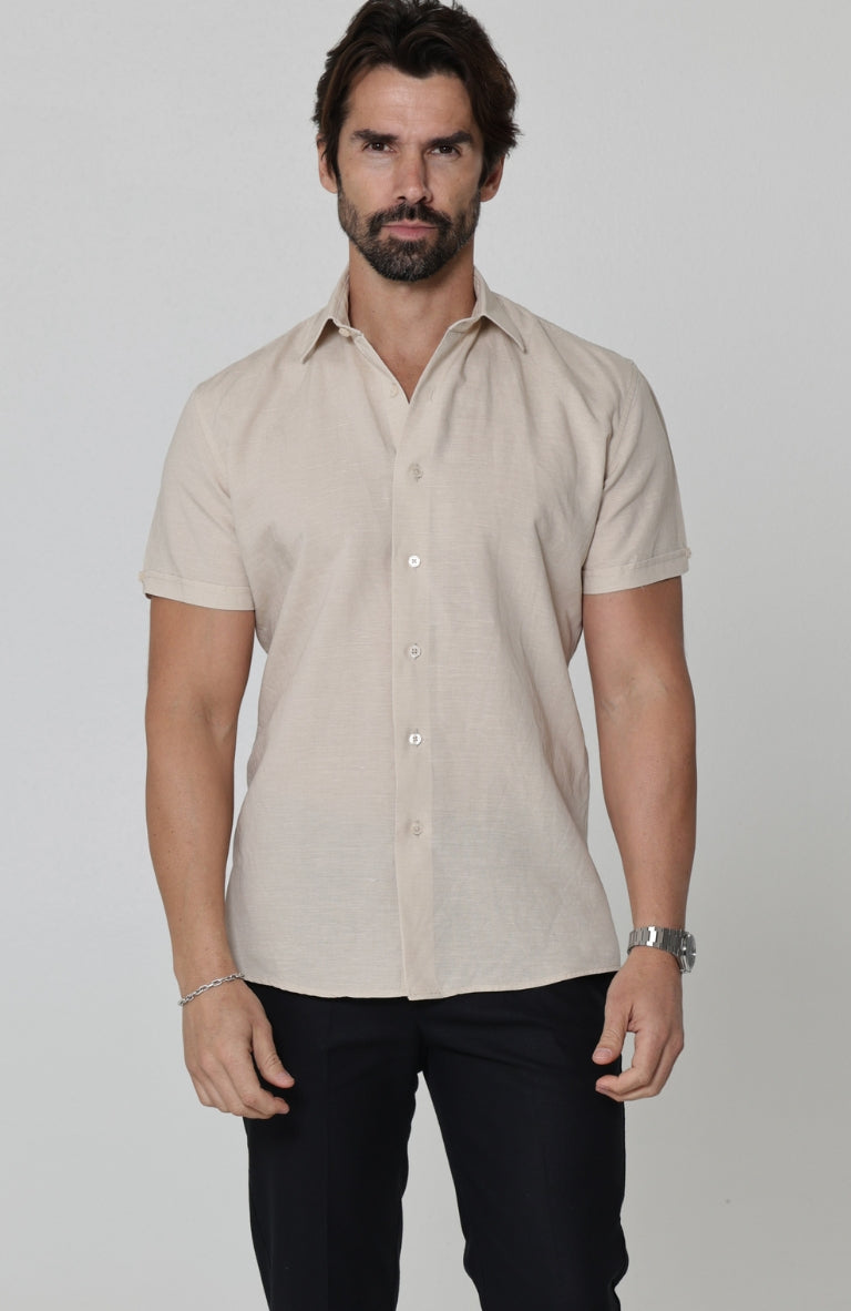 Beckford Linen Wedding Shirt in Ecru, with Black Linen Verona Pants