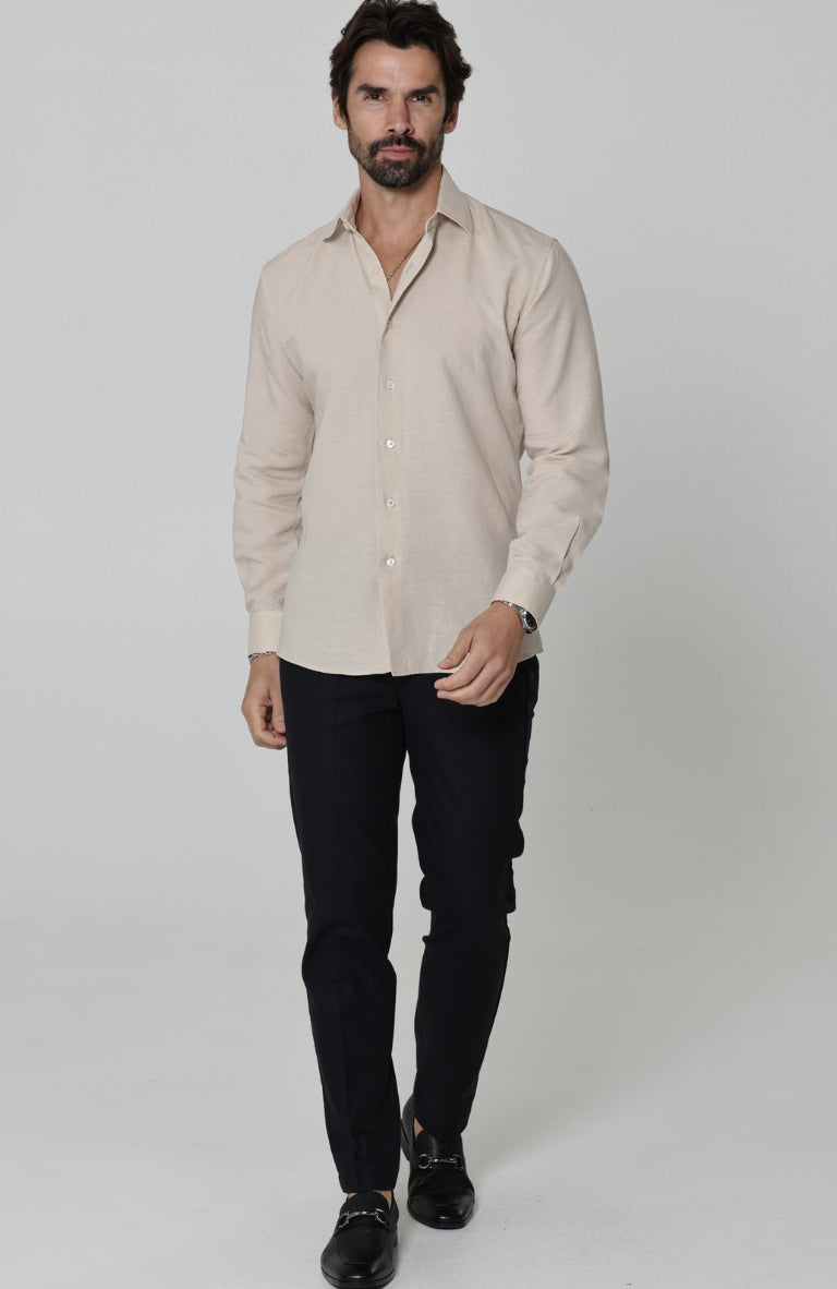 Beckford Linen Wedding Shirt in Ecru, with Black Linen Verona Pants