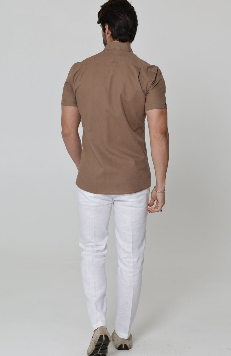 Beckford Men’s Vacation Linen Shirts in Carob with Verona Italian Linen Pants in White