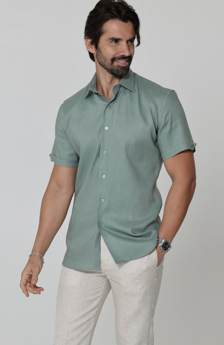 Beckford Linen Shirt in Hunter Green with Men's Natural Verona Pants