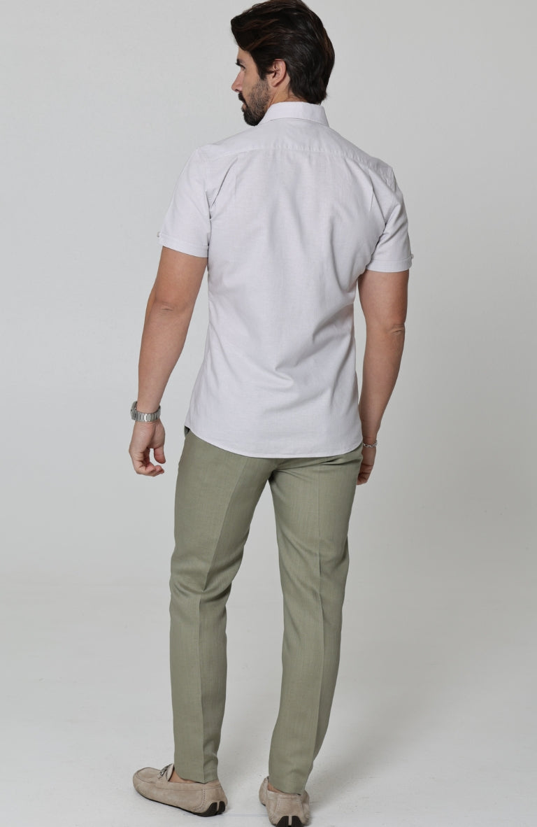 Beckford Linen Wedding Shirt in Cool Gray, with Linen Verona Pants in Sage