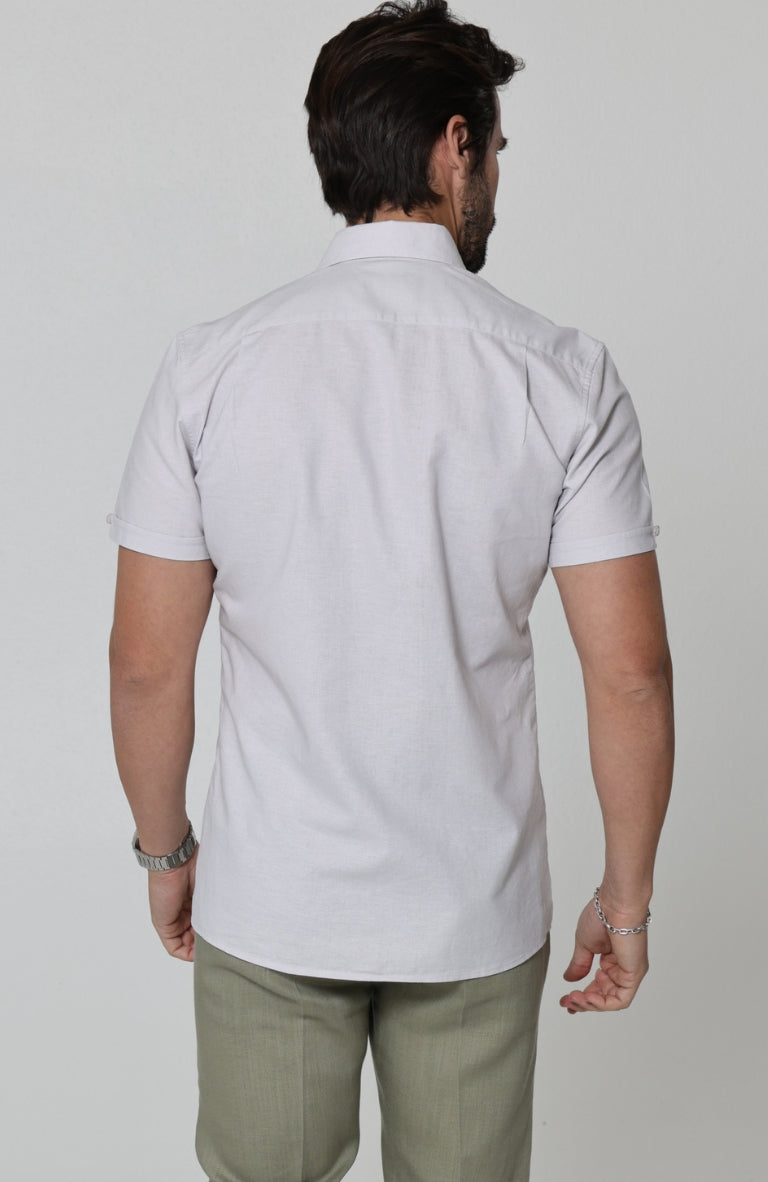 Beckford Linen Wedding Shirt in Cool Gray, with Linen Verona Pants in Sage