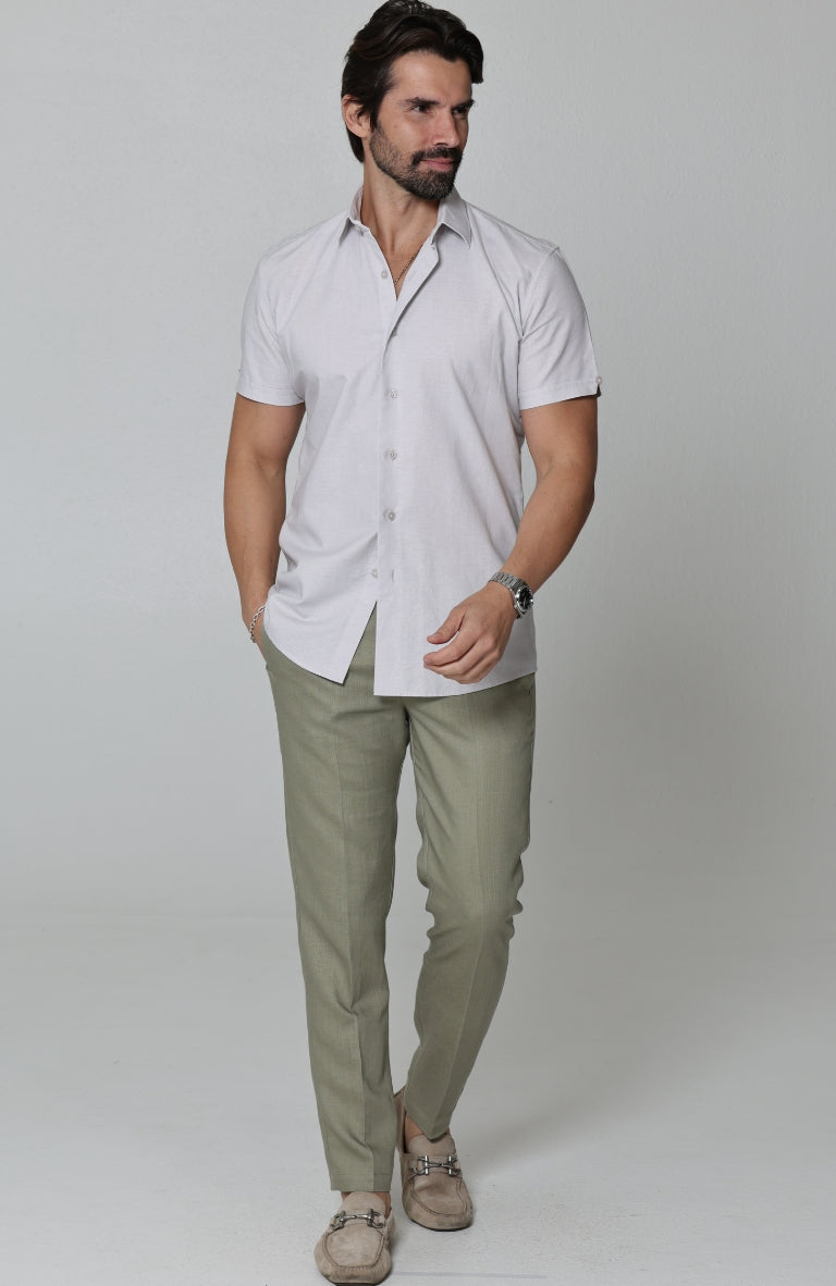 Beckford Linen Wedding Shirt in Cool Gray, with Linen Verona Pants in Sage