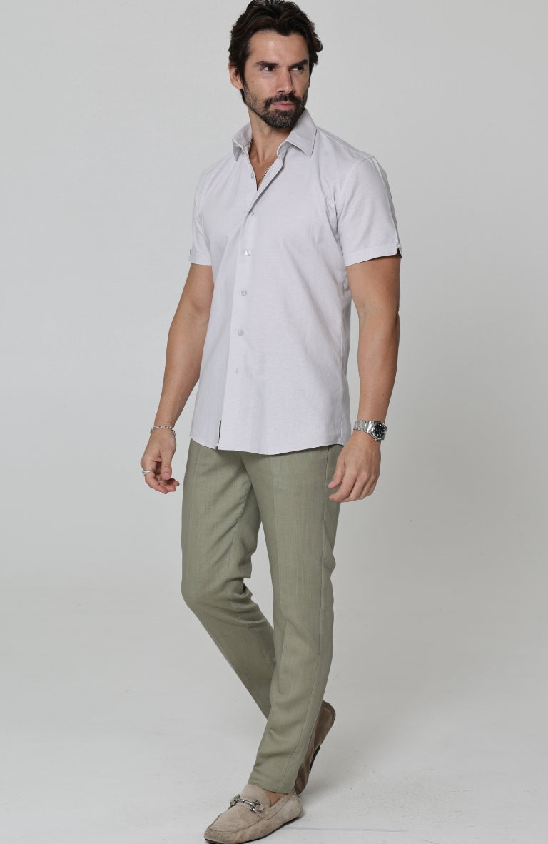 Beckford Linen Wedding Shirt in Cool Gray, with Linen Verona Pants in Sage