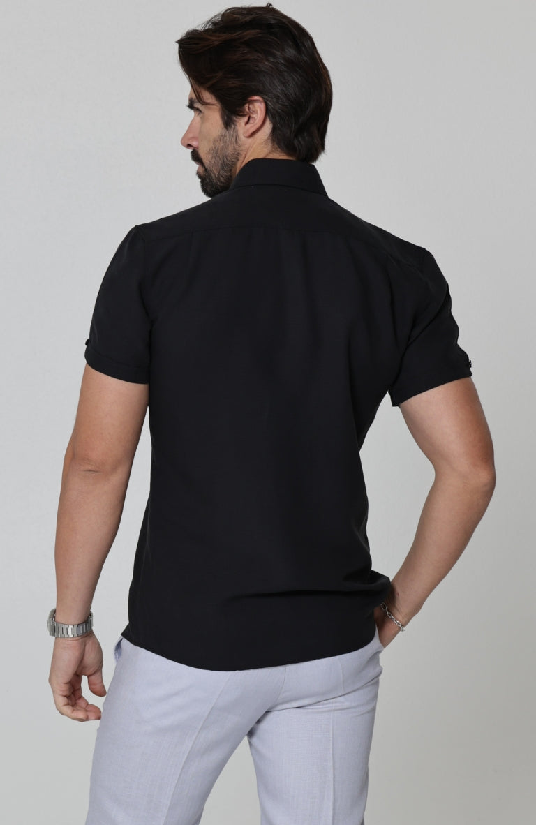 Beckford Breathable Linen Shirts Black with Italian Linen Pants in Blue Silver long