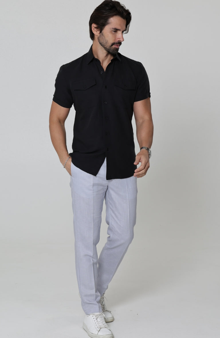 Beckford Breathable Linen Shirts Black with Italian Linen Pants in Blue Silver Short