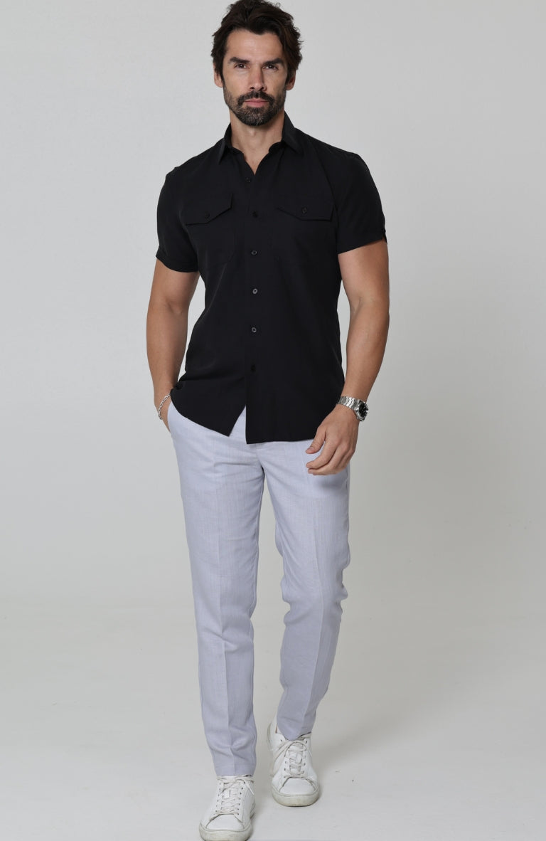 Beckford Breathable Linen Shirts Black with Italian Linen Pants in Blue Silver Short