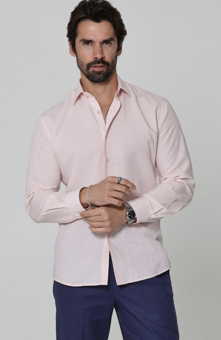 Beckford Men’s Linen Shirt Soft Pink with Velero Drawstring Linen Pants in Soft Navy