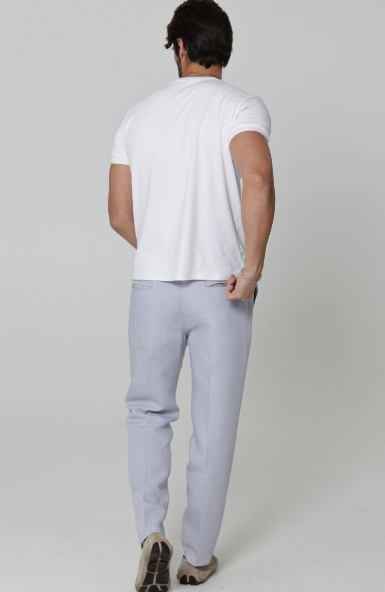 Men's Velero Linen Drawstring Pants in Silver Blue