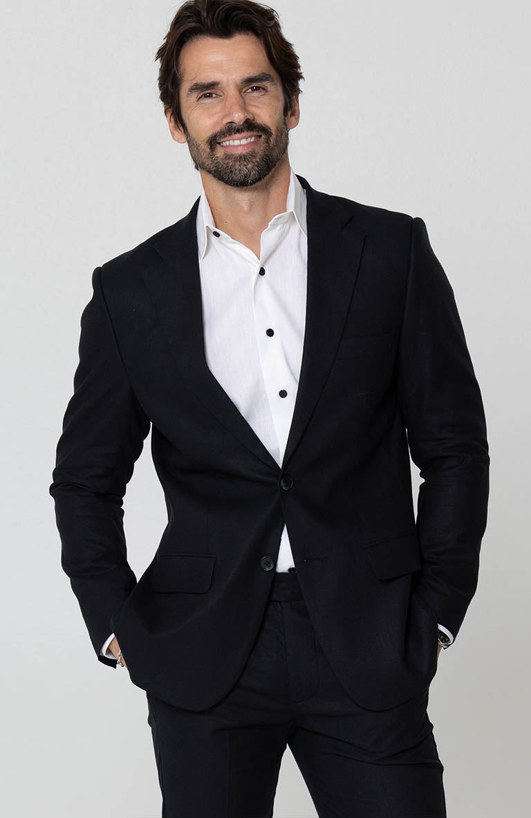 Black Monte Carlo Linen Suit Jacket, w/ Black Verona Pants and Bradford Linen Groom Shirt