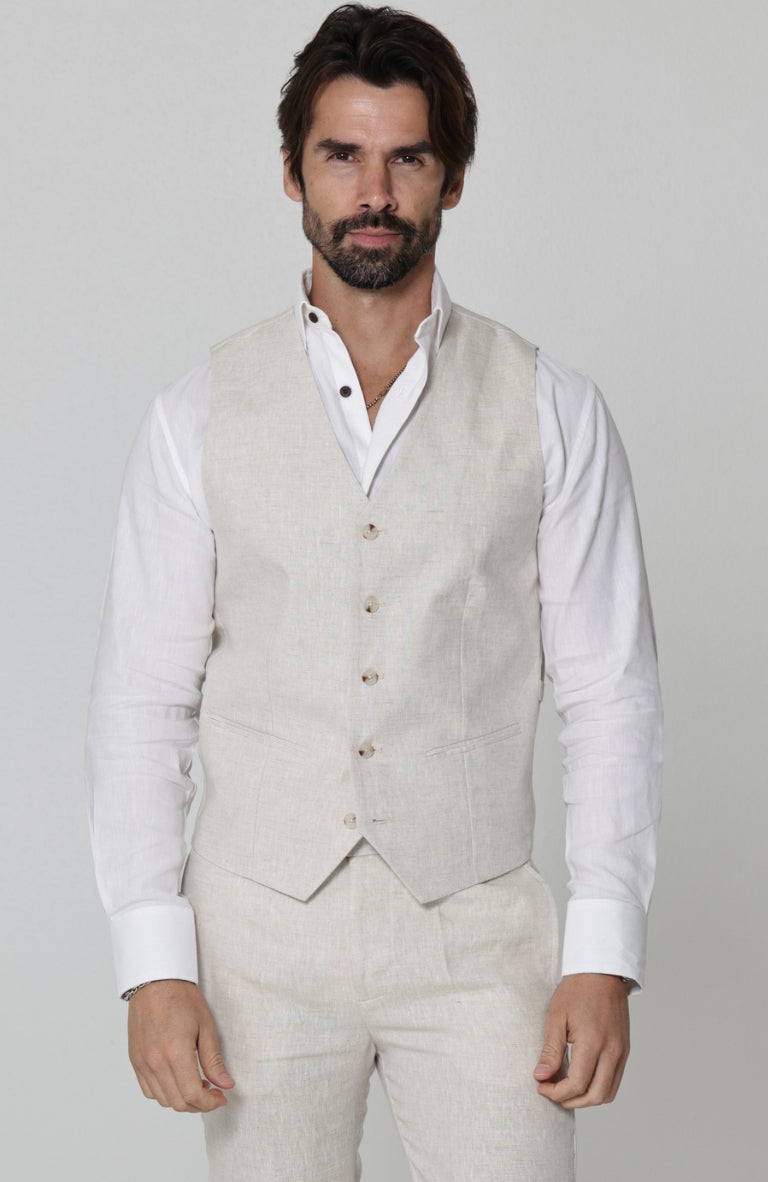 Monaco Vest in Natural, White Bradford, Natural Verona Linen Pants