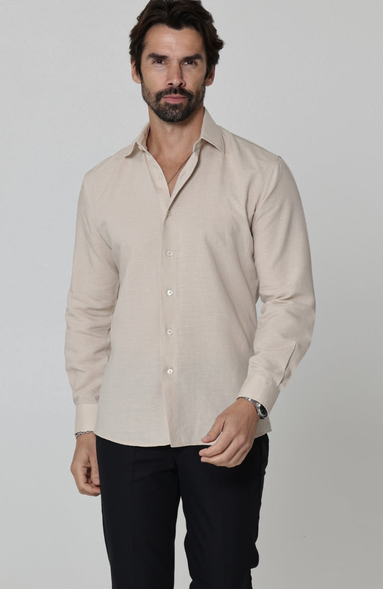 Beckford Linen Wedding Shirt in Ecru, with Black Linen Verona Pants