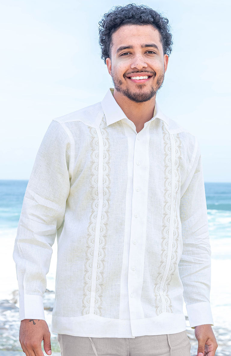 Colima Linen Wedding Guayabera Shirt Bone w/Natural Embroidery