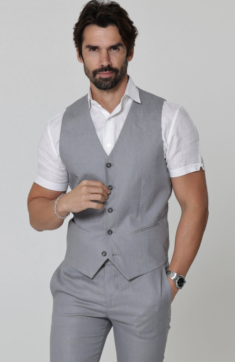 Monaco Linen Vest in Steel Gray with Verona Italian Linen Pants in Steel Gray