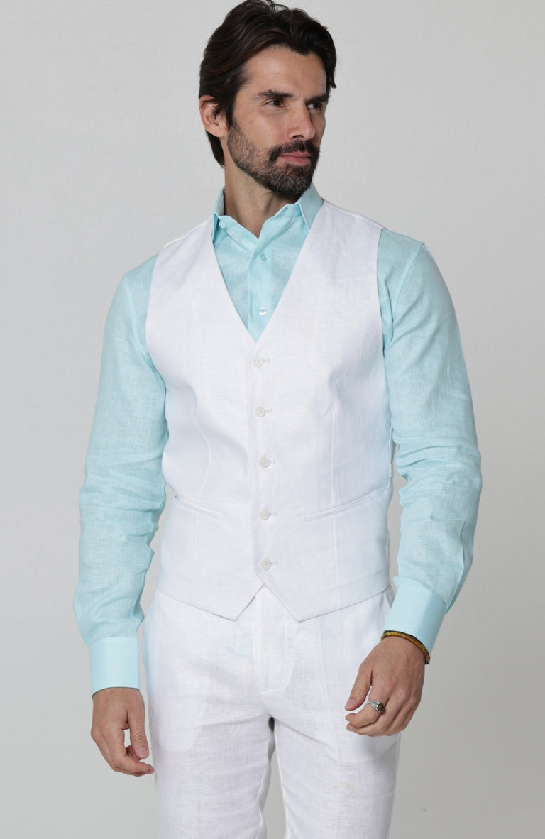 Monaco Linen Vest in White, with White Verona Pants