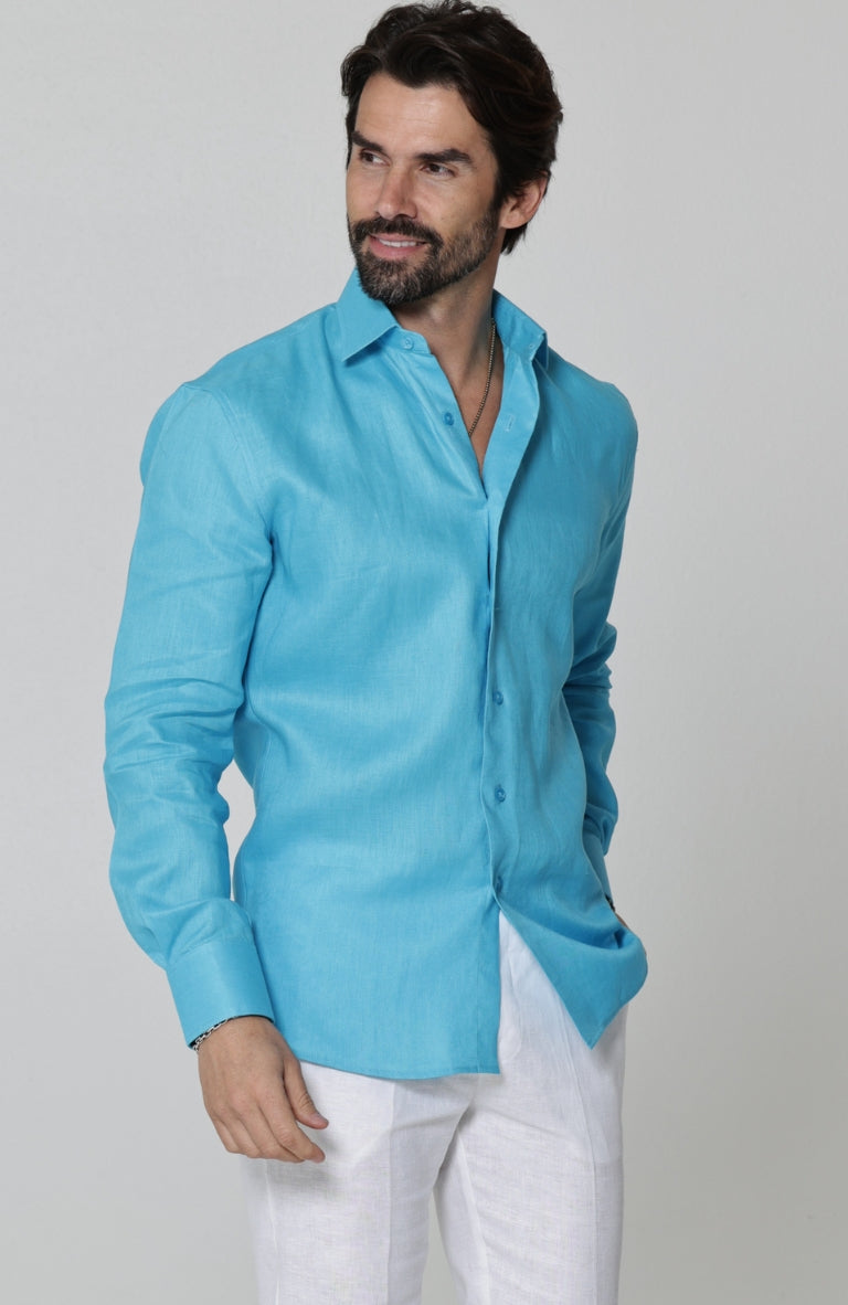 Bradford Italian Linen Shirt in Malibu with White Verona Italian Linen Pants