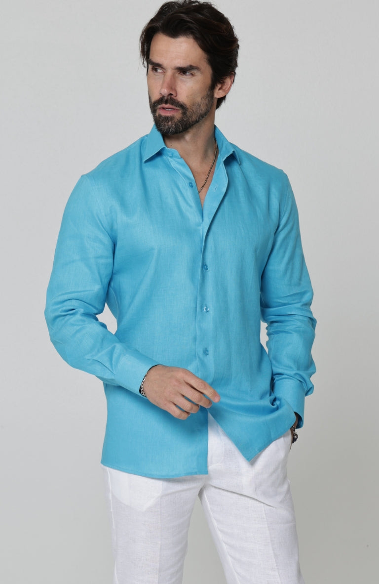 Bradford Italian Linen Shirt in Malibu with White Verona Italian Linen Pants