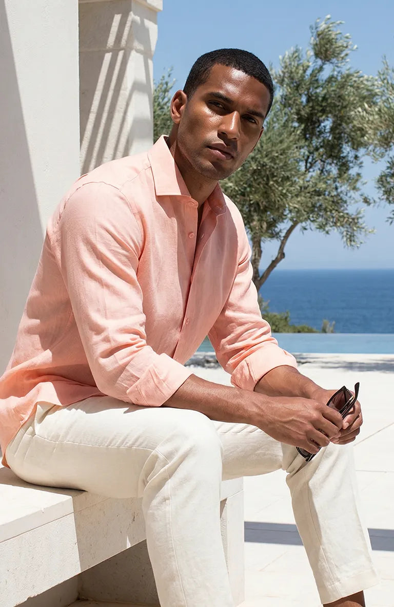 Bradford Linen Wedding Shirt in Peach, Natural Verona Pants