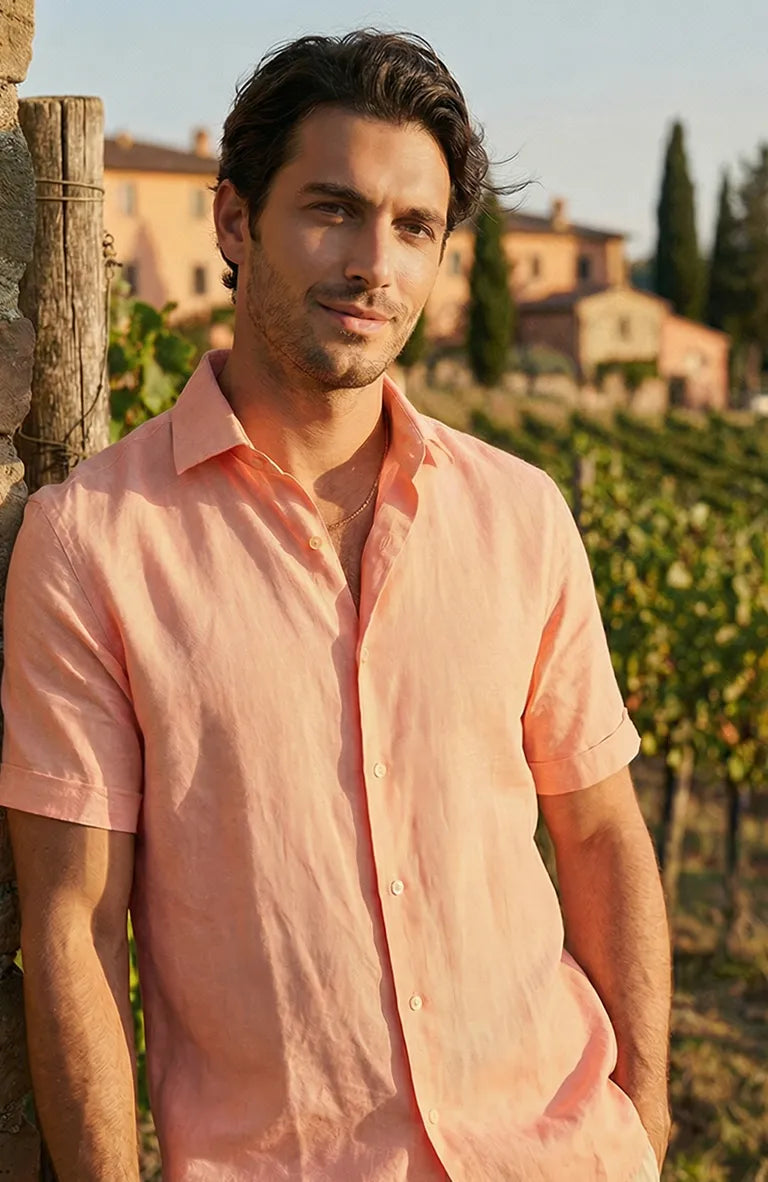 Bradford Short Sleeve Linen Beach Shirt in Peach