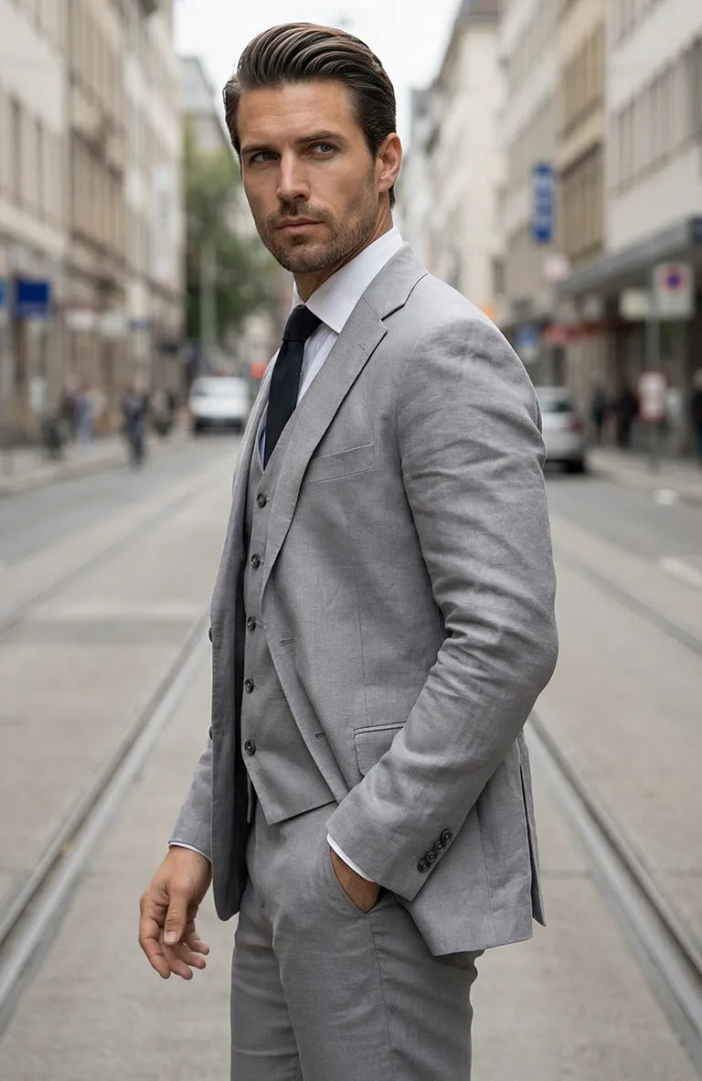 Steel Gray Monte Carlo Linen Suit Jacket, w/Steel Gray Verona Pants and White/Gray Mauritius Shirt.