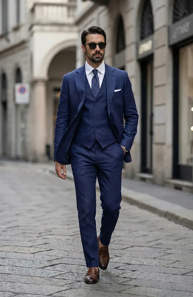 Monte Carlo Lightweight Linen Suit Soft Navy white Bradford shirt