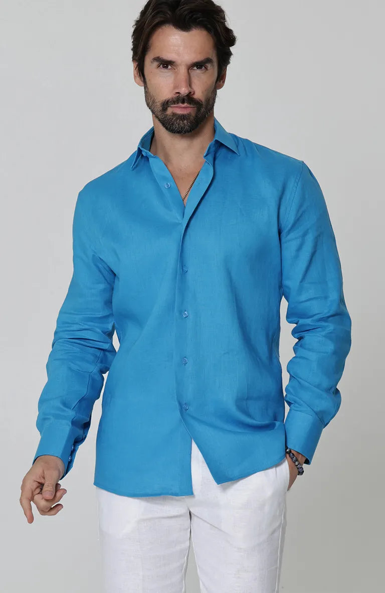 Deep Ocean Linen Bradford Shirt, White Verona Linen Pants