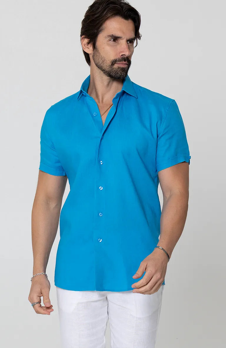 Deep Ocean Linen Bradford Short Sleeve Shirt, White Verona Linen Pants